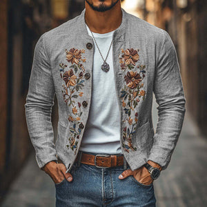 Chaqueta informal de lino con bordado, cuello alto y botonadura sencilla, corte entallado para hombre