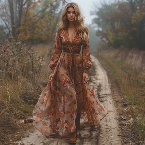 Vestido largo retro para mujer, con escote en V, estampado floral, manga larga, falda larga, estilo pastoral campestre.