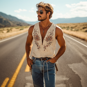 Herren-Tanktop aus Wildleder im amerikanischen Western-Cowboy-Stil mit Stickerei und tiefem V-Ausschnitt