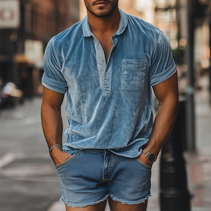 Polo de manga corta de terciopelo con cuello en V profundo y costuras de encaje sexy para hombre, moda de primavera