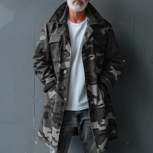 Gabardina cargo de largo medio con solapa y bolsillo en el pecho de camuflaje para hombre