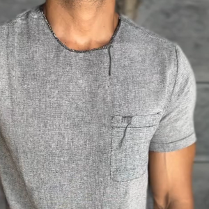Camiseta retro informal de lino con bolsillo, cuello redondo y manga corta para hombre