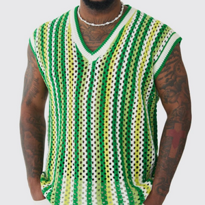 Men's Summer Fashion Leisure Vacation V-neck Hollow Knitted Tank Top
