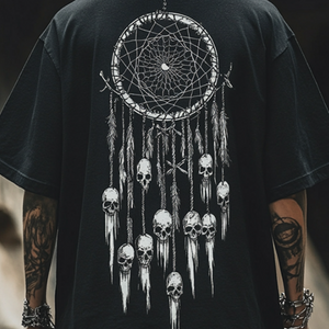 Camiseta de manga corta con cuello redondo y estampado de calavera atrapasueños para hombre, estilo retro e informal