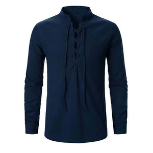 Camisa informal de manga larga con cordones de algodón y lino para hombre
