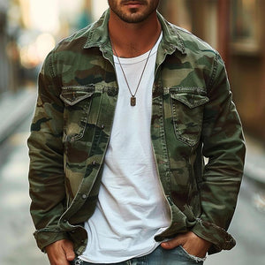 Chaqueta de solapa retro de lona de camuflaje para hombre