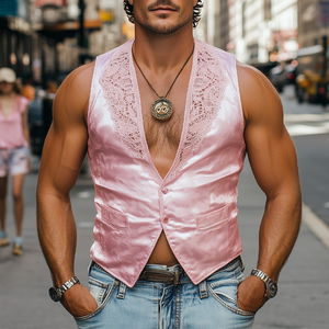 Chaleco ajustado de satén jacquard con empalme de encaje retro de moda de primavera para hombre
