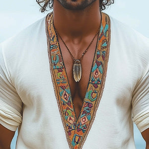 Camiseta informal de manga larga con cuello en V y bordado retro para hombre