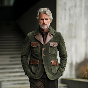 Blazer vintage de ante y cuero con múltiples bolsillos y botonadura sencilla para hombre