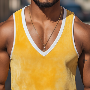 Camiseta sin mangas de gamuza con cuello en V profundo y costuras de colores brillantes para hombre, estilo informal y de moda de verano