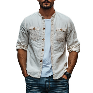 Camisa de manga larga de algodón y lino con bolsillo de encaje personalizado para hombre, moda de primavera