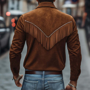 Camisa de ante con borlas y solapa vintage marrón para hombre