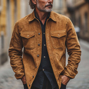 Camisa vintage de manga larga de ante color caqui para hombre