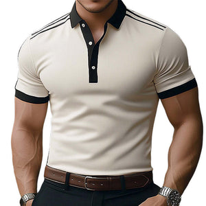 Camiseta de verano cómoda de manga corta con cuello polo en color caqui claro para hombre