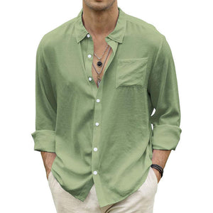 Camisa informal de manga larga de seda verde claro para hombre, agradable para la piel