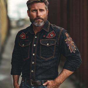 Camisa vaquera de manga larga bordada vintage para hombre