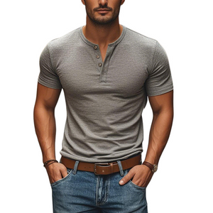 Camiseta informal de algodón con cuello Henley, manga corta y corte ajustado para hombre