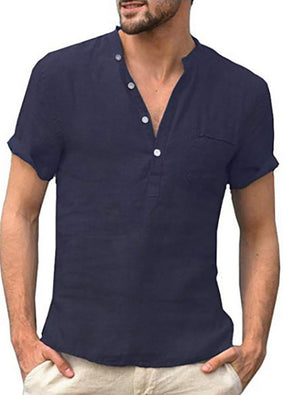 Camisa clásica de lino de manga corta con bolsillo en color liso para hombre