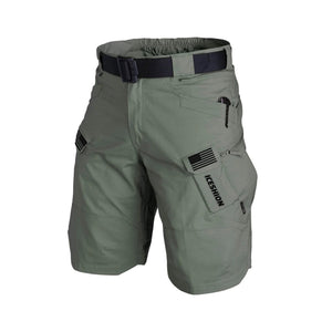 PANTALONES CORTOS CARGO DE ALTO RENDIMIENTO CON BOLSILLOS MÚLTIPLES Y TÁCTICOS DE 11'' DE ENTREPIERNA CON BANDERA DE EE. UU. SIN CINTURÓN CON HEBILLA