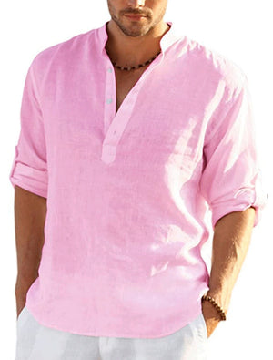 Camisa Henley de lino de secado rápido con botones y color liso para hombre