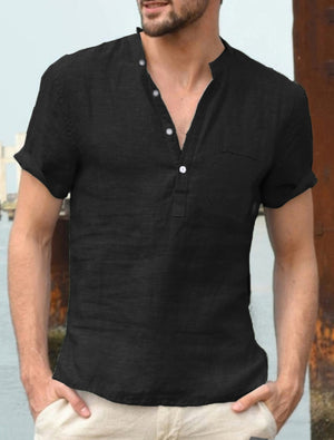 Camisa clásica de lino de manga corta con bolsillo en color liso para hombre