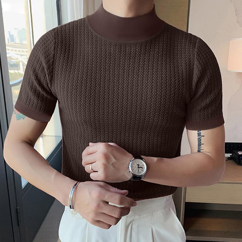 Herren-T-Shirt mit halbem Rollkragen, einfarbig, eng gestrickt, kurzärmelig