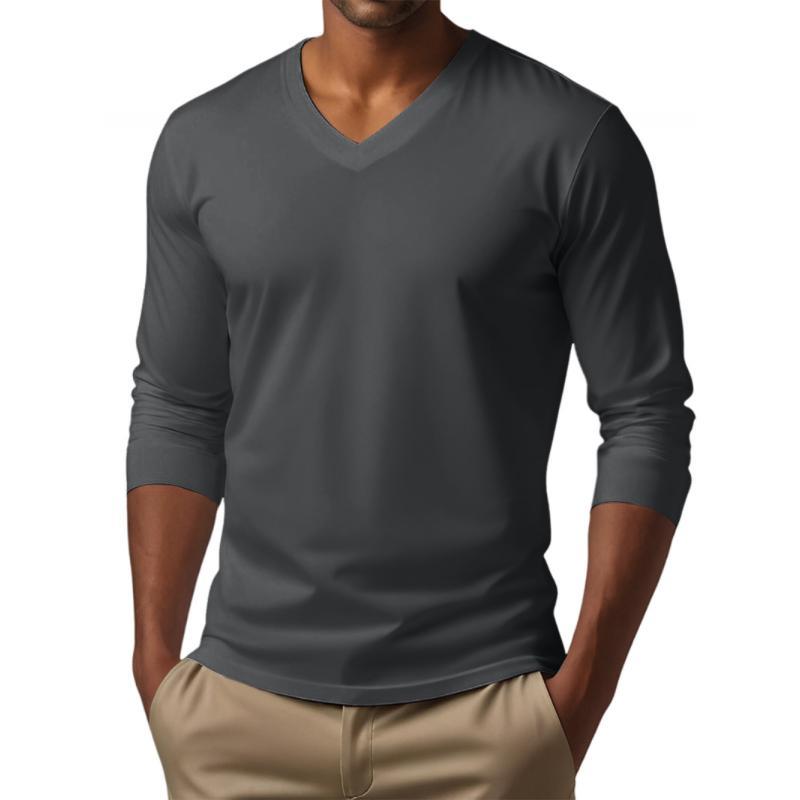 Camiseta informal de manga larga ajustada de algodón mezclado con cuello en V para hombre