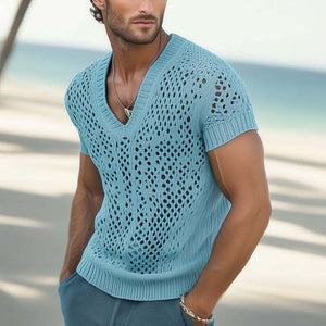 Camiseta de punto de malla transpirable con cuello en V de moda de verano para hombre