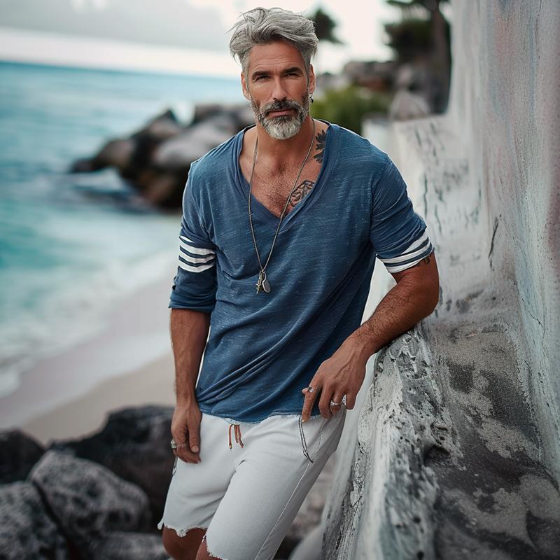 Men's Loose V-Neck Striped Patchwork Long-Sleeved T-Shirt