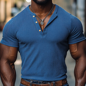 Lässiges Herren-T-Shirt aus Baumwolle mit elastischem Rippenmuster und Henley-Kragen, schmale Passform, kurzärmelig