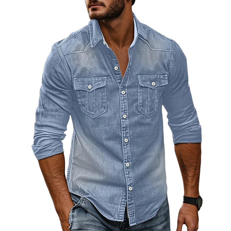 Herren-Revershemd aus gewaschenem Distressed-Denim im Vintage-Stil