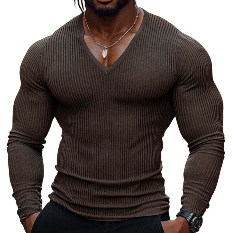 Camiseta informal de algodón mezclado con cuello en V y manga larga ajustada para hombre