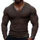 Camiseta informal de algodón mezclado con cuello en V y manga larga ajustada para hombre