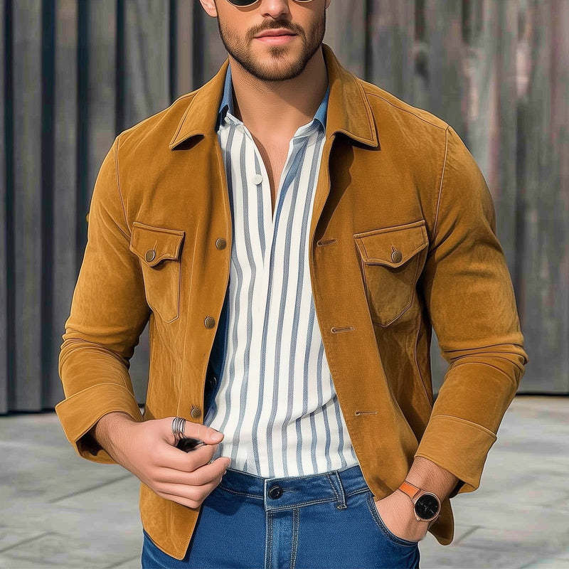 Camisa básica de ante caqui para hombre, primavera y otoño