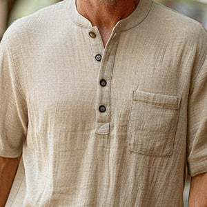Men's Solid Linen Loose Casual Henley Shirt