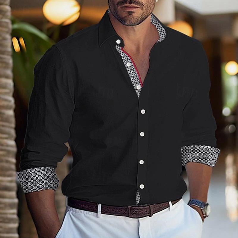 Men's Printed Colorblock Lapel Long Sleeve Shirt