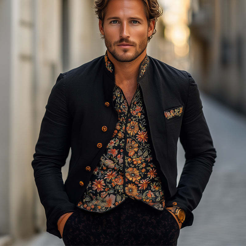 Men's Spring And Autumn Black Vintage Embroidered Stand Collar Jacket MTA2040C3U