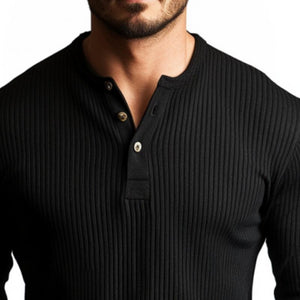Camiseta informal de manga larga ajustada con cuello Henley y rayas acanaladas para hombre