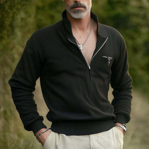 Men's Stylish Black Half-Zip Stand Collar Sweatshirt