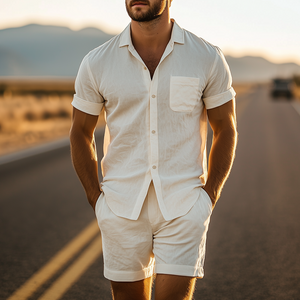 Herren Sommermode Casual Slim Fit Seide Baumwolle Kurzarmhemd Tasche Shorts Set