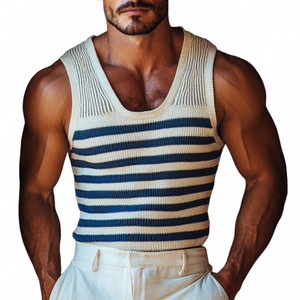Men's Casual U Neck Navy Striped Slim Fit Knitted Tank Top
