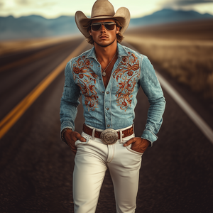 Men's Classic American Retro Western Suede Embroidered Long Sleeve Shirt