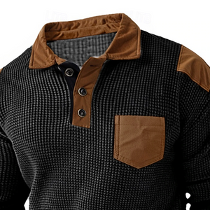 Polo de manga larga con diseño de gofre para hombre, estilo vintage, con bolsillo y botones, color negro, para primavera y otoño.