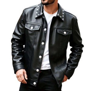 Men's Spring And Autumn Pure Black Lapel PU Leather Jacket