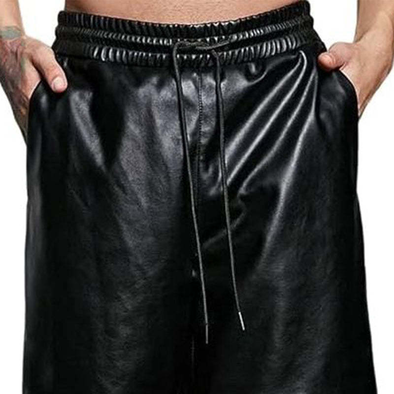 Men's Summer Basic Loose Pure Black PU Leather Shorts