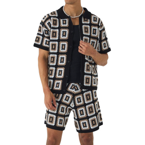 Men's Spring And Summer Fashion Casual Hollow Knitted Short-sleeved T-shirt Shorts Set