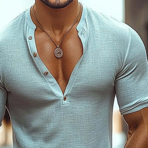 Lässiges Langarm-T-Shirt aus Baumwolle und Leinen mit Henley-Kragen für Herren 