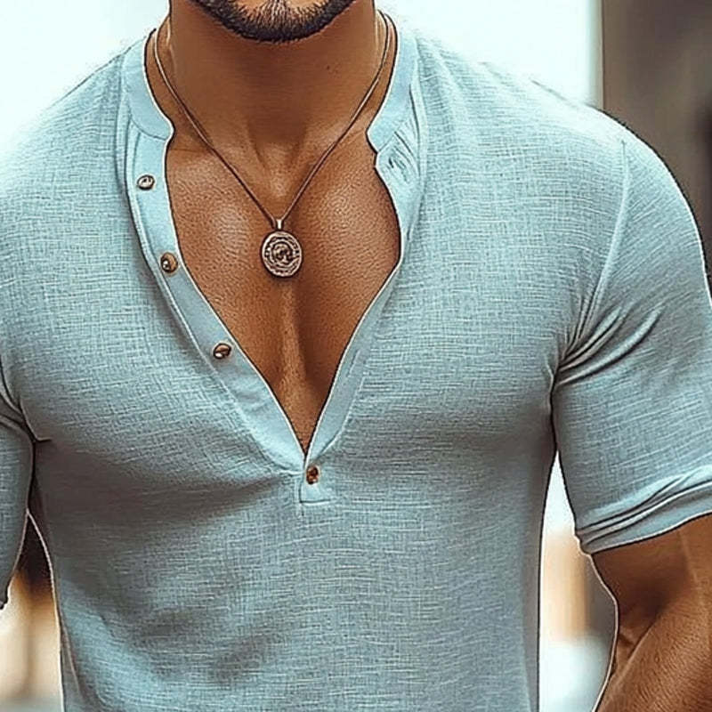 Men's Cotton And Linen Casual Henley Collar Long Sleeve T-Shirt