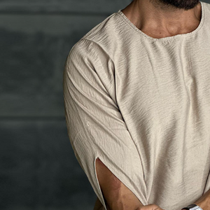 Camiseta retro informal de lino con cuello redondo plisado y manga corta para hombre