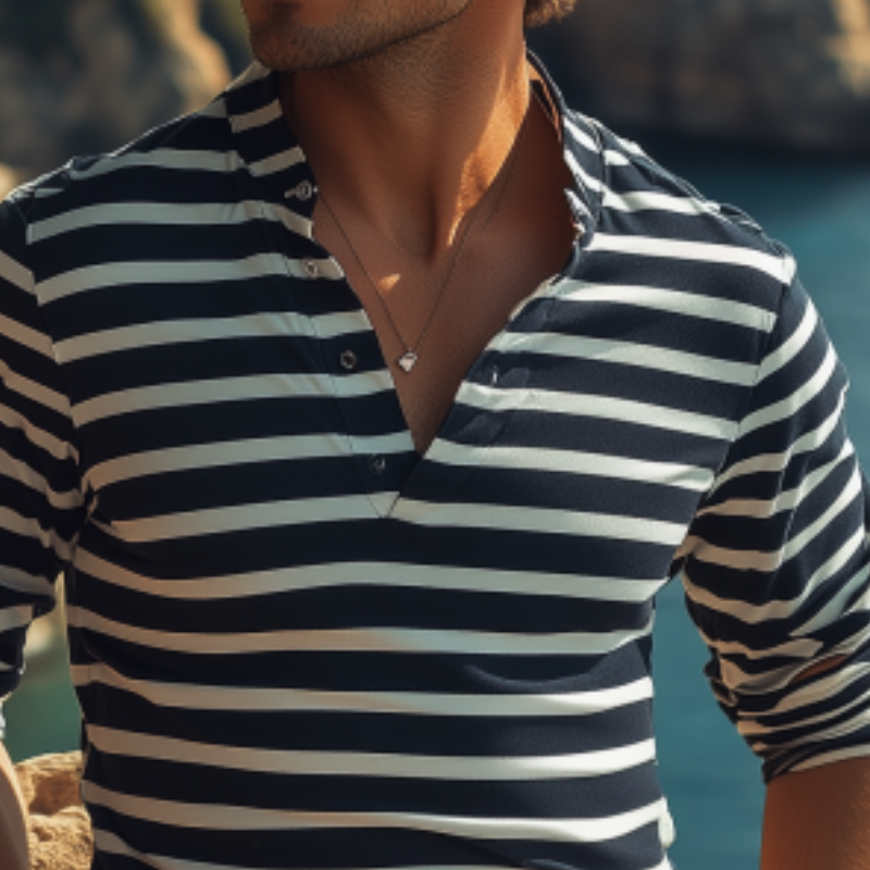 Camiseta informal de manga larga con cuello Henley a rayas para hombre